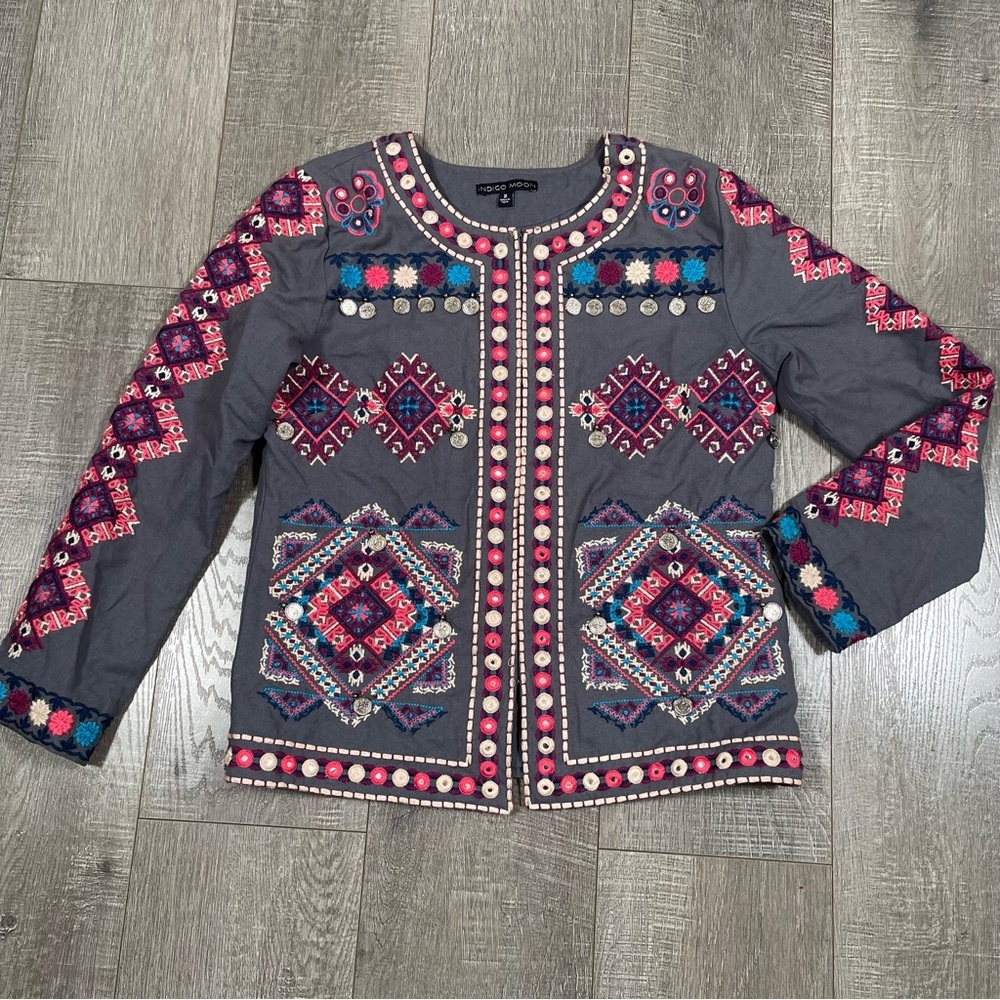 Anthropologie Embroidered Gray Boho Jacket - Pink & Blue Accents